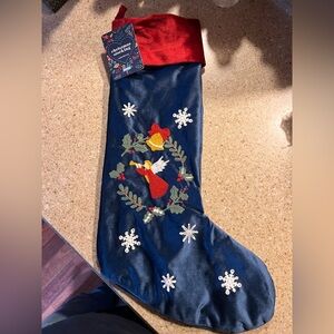 ENVOGUE Christmas Stocking Embroidered Angel & Snowflake Blue Velvet Holiday NWT